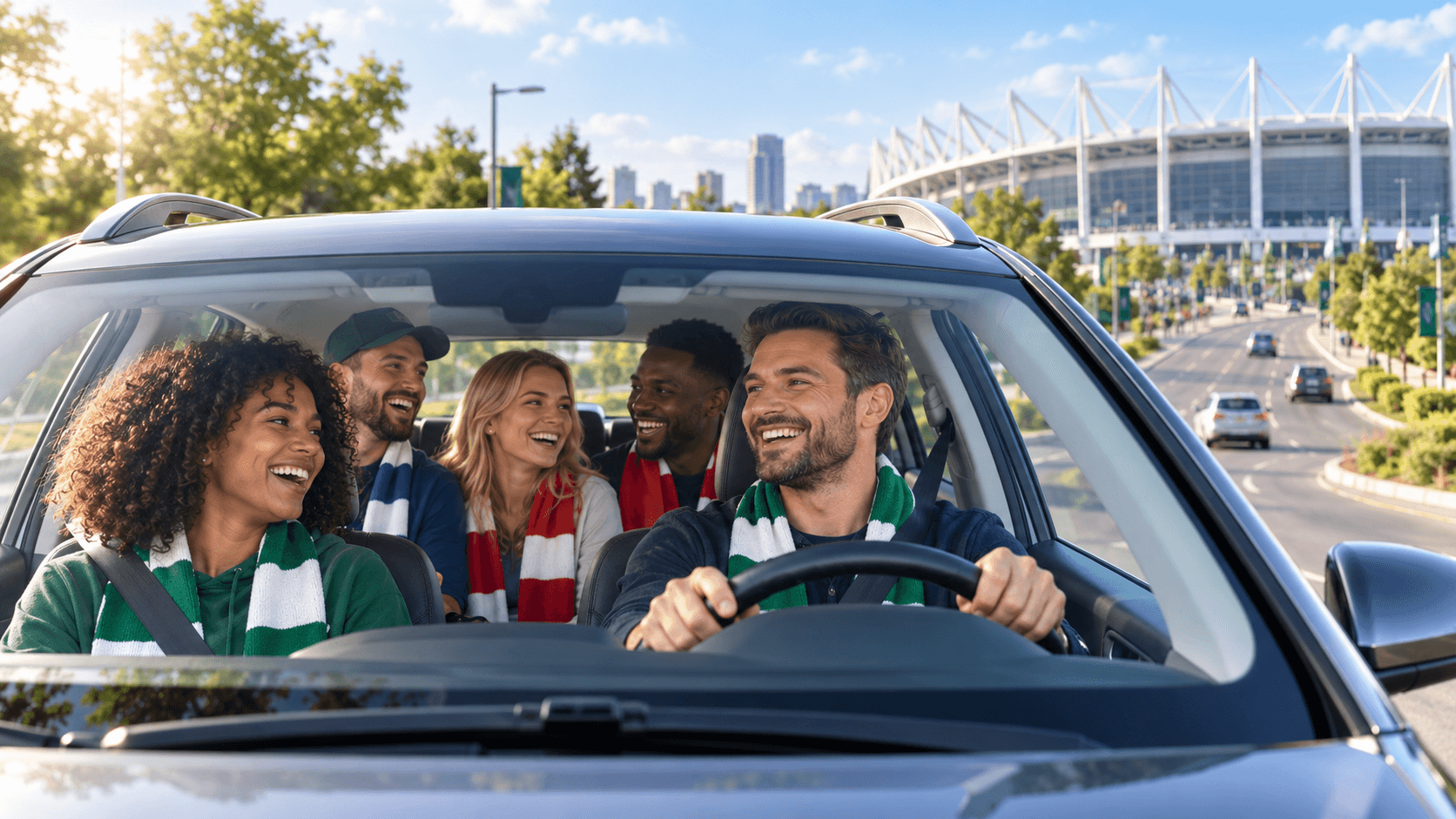 Friends carpooling together to a stadium event