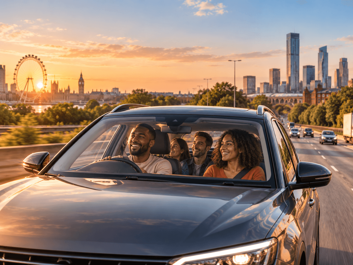 Friends sharing a ride together through the city at sunset